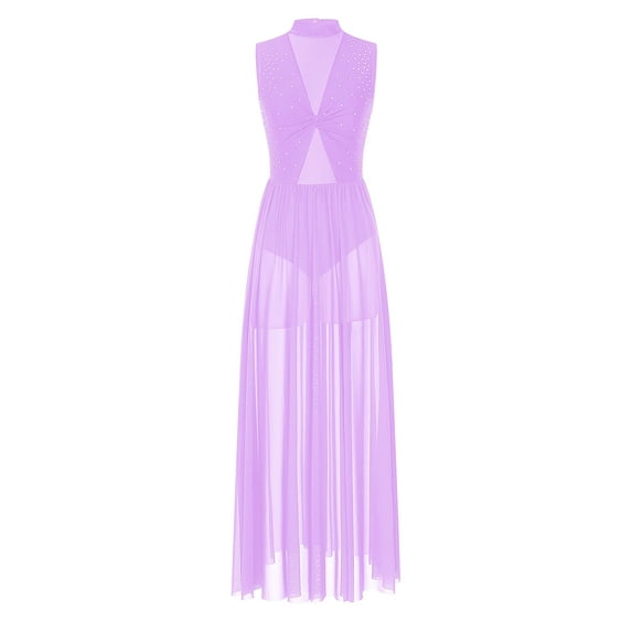 Lejafay Women's Long Maxi Lyrical Dance Costume Twisted Overlay Modern Contemporary Dance Dress Light Purple S