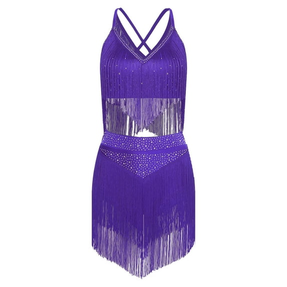 Lejafay Women's Tassels Belly Dance Outfits V-neck Sleeveless Crop Top with Tiered Fringe Skirt Purple XXL