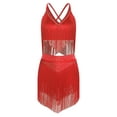 thumbnail image 1 of Lejafay Women's Tassels Belly Dance Outfits V-neck Sleeveless Crop Top with Tiered Fringe Skirt Red M, 1 of 4