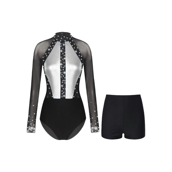 Lejafay Womens 2 Piece Sparkling Rhinestones Gymnastics Unitard Biketard Leotard with Shorts Set Dark Gray S