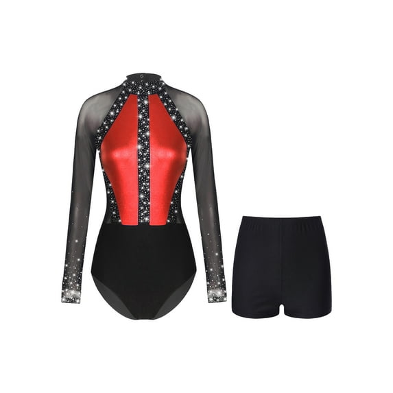 Lejafay Womens 2 Piece Sparkling Rhinestones Gymnastics Unitard Biketard Leotard with Shorts Set Red S