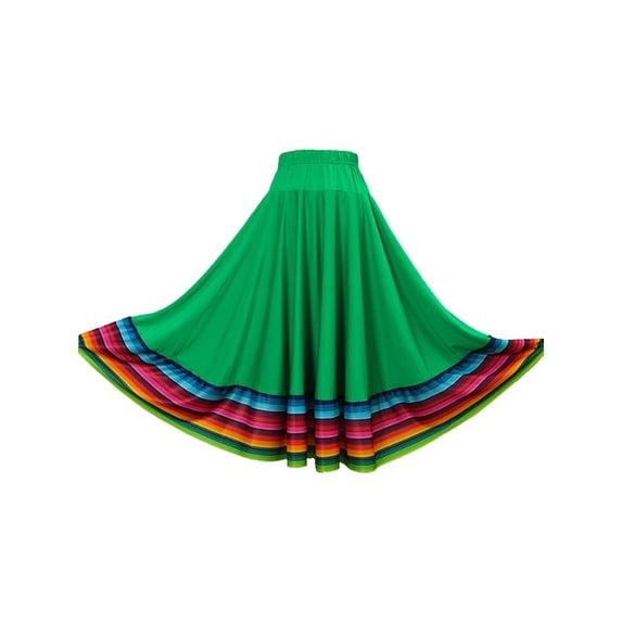Lejafay Womens Folklorico Dance Skirt Spanish Flamenco Colorful Big Swing Long Skirts Green 75cm XXL