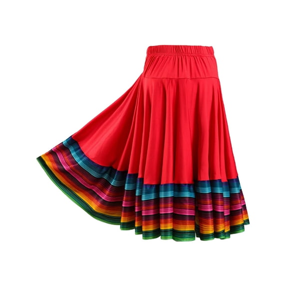 Lejafay Womens Folklorico Dance Skirt Spanish Flamenco Colorful Big Swing Long Skirts Red 55cm L