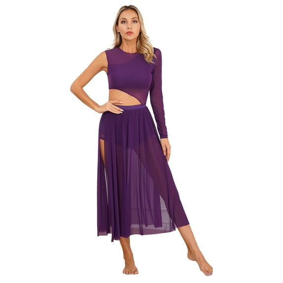 Lejafay Womens Lyrical Dance Costume Side Split Cutout Leotard Sheer Mesh flowy Dress Modern Purple L