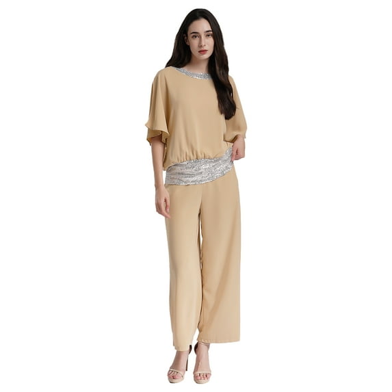 Lejafay Womens Pansuits Dressy Elegant Wedding Party Two Piece Batwing Tops and Wide Leg Pant Suit Khaki XXL