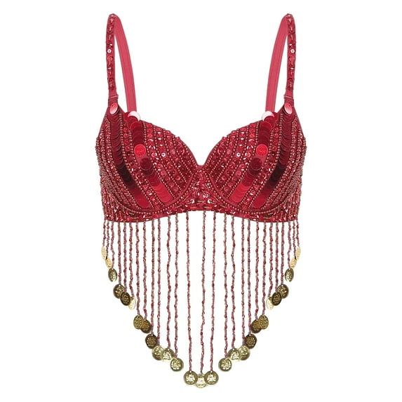 Lejafay Womens Sequined Latin Belly Dance Bra Top Fringe Tassel Underwired Bra Red One Size