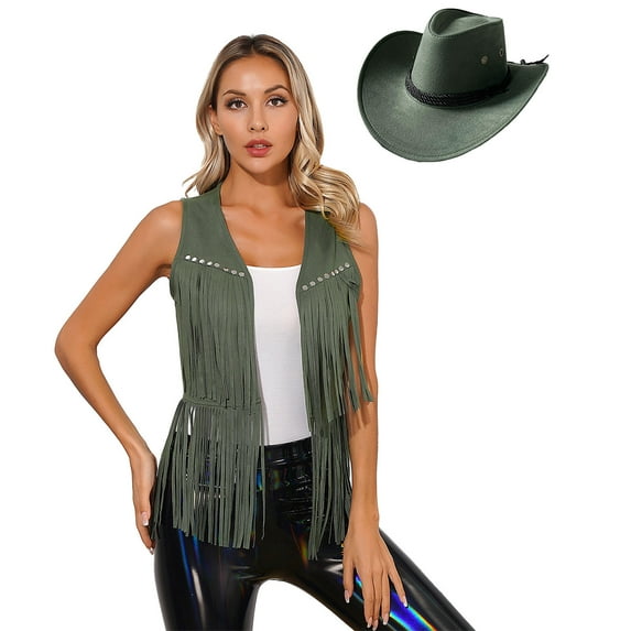 Lejafay Womens Western Cowgirl Costume Sleeveless Tassel Vest Jacket Festival Holiday Cowboy Dress Up Army Green M