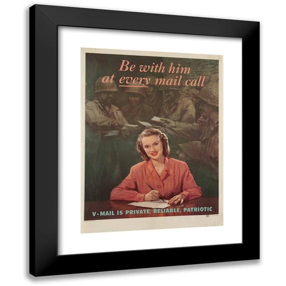 Lejaren Hiller 12x14 Black Modern Framed Museum Art Print Titled - Be with Him at Every Mail Call. V Mail is Private, Reliable, Patriotic (1945)