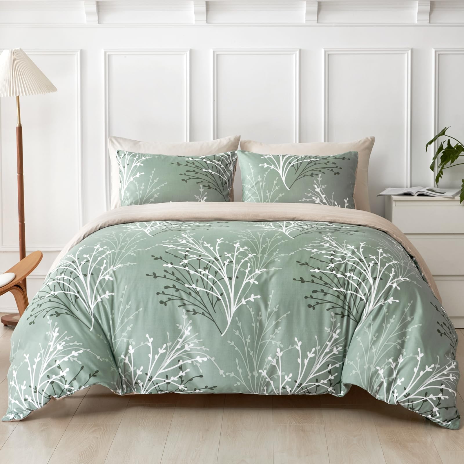 Leke Green Duvet Cover Queen Size, Reversible Floral Queen Comforter Cover with Branch Pattern, Soft 100% Washed Microfiber 3 Pieces Green Bedding Set with Zipper and 2 Pillowcases 20"x26"