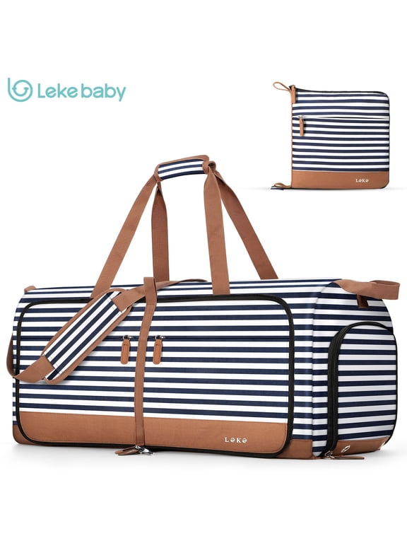 80L Travel Duffle Bag, Foldable Weekender Bags for Women Men, Carry-On Gym Bag with Shoe Compartment & Luggage Sleeve for Gym Hospital Business Trip, Stripes