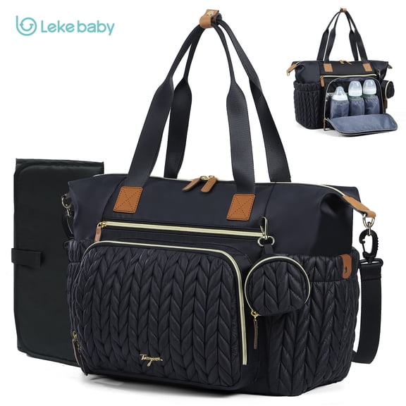 Lekebaby Tote Diaper Bag, Large Capacity Diaper Bags with Changing Pad & 16 Pockets, Waterproof Baby Bag for Hospital, Travel, Black