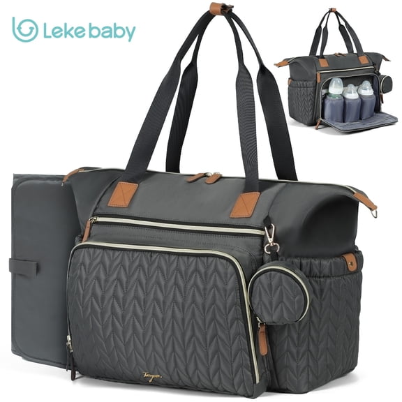 Lekebaby Diaper Bag Tote, Travel Diaper Bags with Changing Pad & 16 Pockets, Quilted Baby Bag for Mom & Dad, Deep Gray