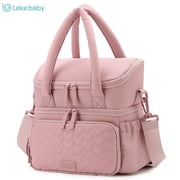 Lekebaby Lunch Bag Woman, 9.8L Double Deck Lunch Tote with Adjustable Shoulder Strap & Side Tissue Pocke, Pink Lunch Bag
