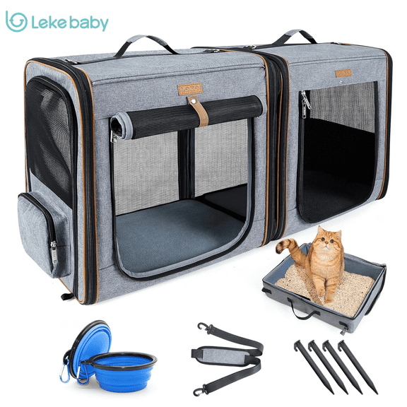 Lekebaby Large Cat Carrier, Portable Cat Carrier Soft with Litter Box & Bowl & Zipper Locks for 2 Cats, 2 in 1 Pet Carrier Travel, Gray