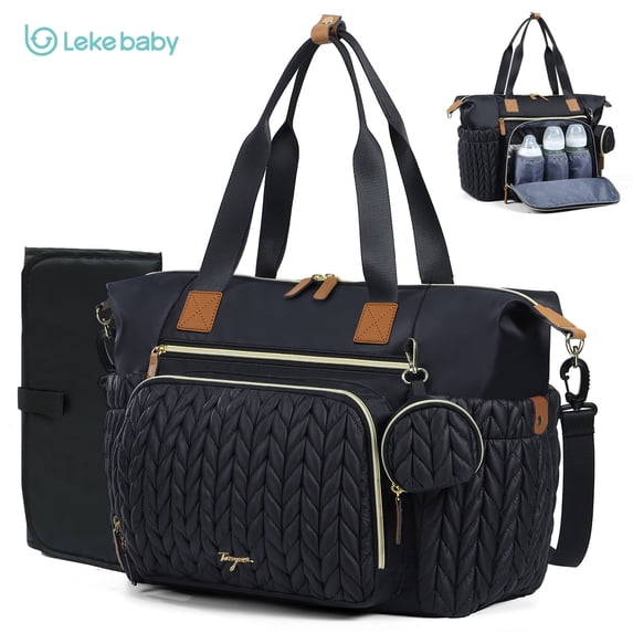 Lekebaby Tote Diaper Bag, Large Capacity Diaper Bags with Changing Pad & 16 Pockets, Waterproof Baby Bag for Hospital, Travel, Black