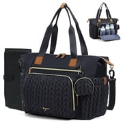 Lekebaby Tote Diaper Bag, Large Capacity Diaper Bags with Changing Pad & 16 Pockets, Waterproof Baby Bag for Hospital, Travel, Black
