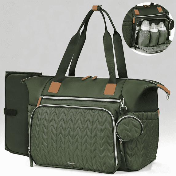 Lekebobor Large Diaper Bag Tote with Changing Pad & 16 Pockets, Quilted Waterproof Diaper Bag Travel Baby Bags for Mom and Dad, Dark Green