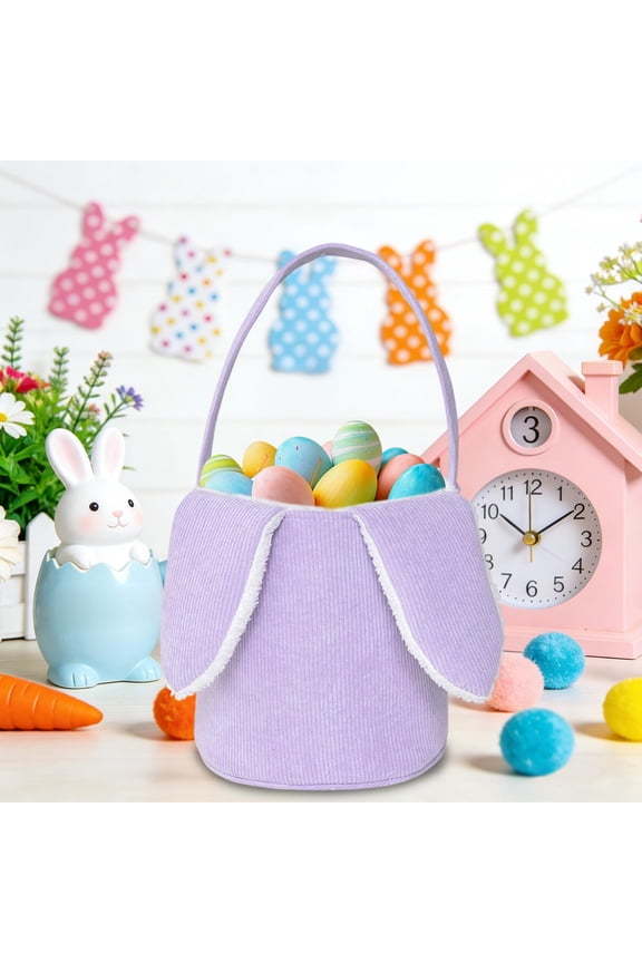 1 Packs Easter Basket Corduroy Handheld Storage Bag, Cute Rabbit Ears Design, Foldable Portable Easter Egg Hunt Basket, Holiday Party Decor, Spring Gift Basket for Kids Adults