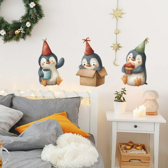 Lekihaqq 3 Packs Christmas Wall Decals Playful Penguin Stickers Waterproof Removable Nursery Wall Art for Room Decor