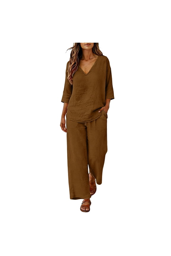 Womens Linen Set Matching Wide Leg Lounge Pants Gauze Capri Set Beach Vacation Outfits Linen Pants Set Summer Pajamas Roll-up Sleeve Top Summer Vacation Clothes Fashion Outfits Brown L