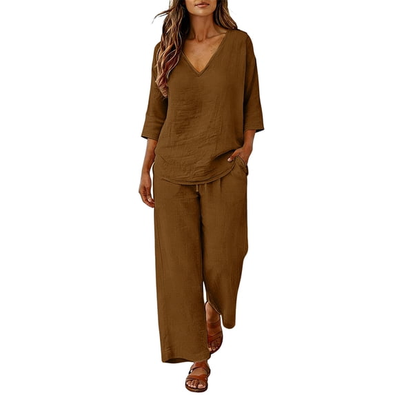 Lekode Womens Linen Set Roll-up Sleeve Top Boho Matching Wide Leg Lounge Pants Simple 2 Piece Set Linen Loungewear Sets Cotton Linen Lounge Set Summer Vacation Clothes Fashion Outfits Brown 5xl