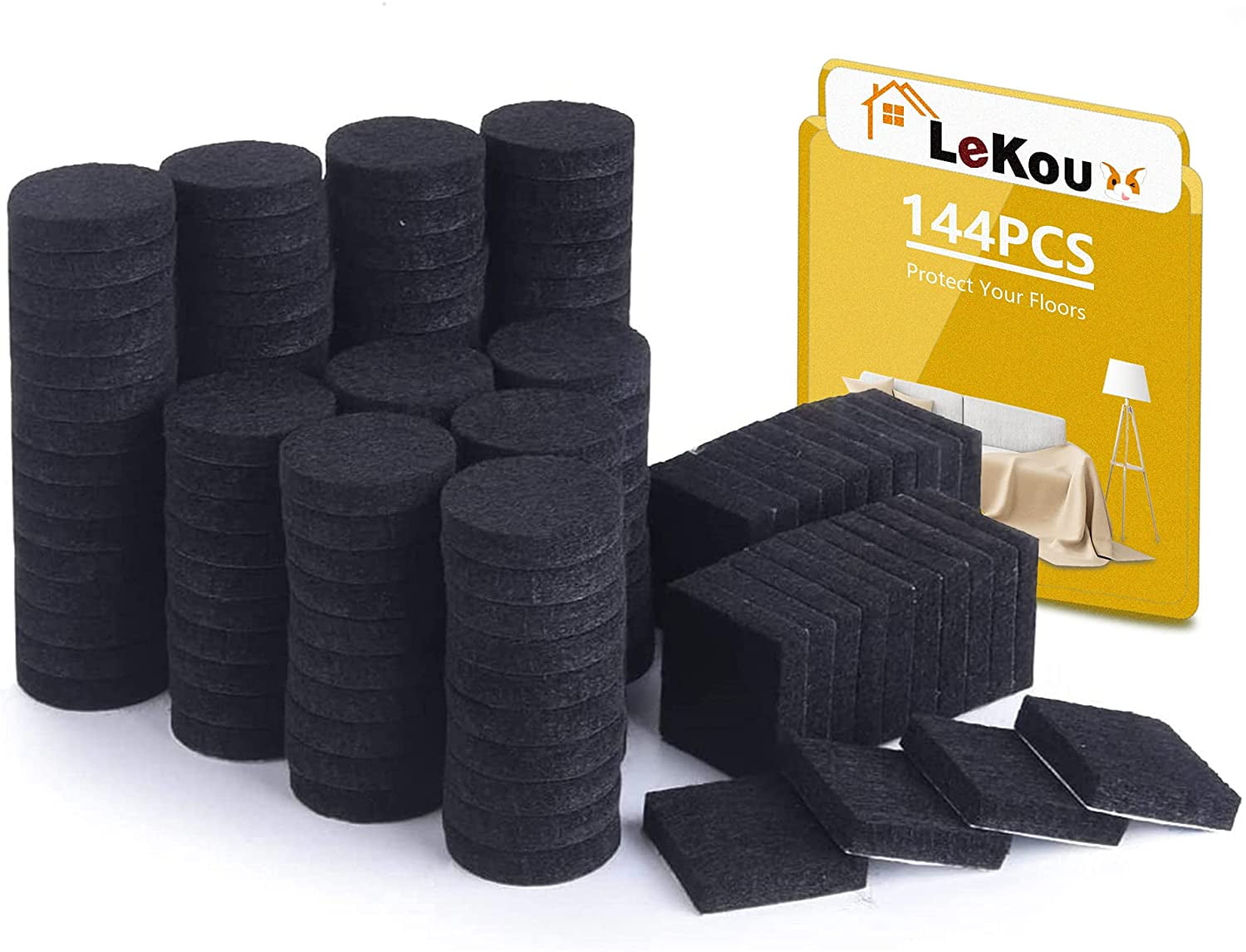 Lekou 1 Felt Furniture Pads 144 Pieces, Round and Square Black  Self-Adhesive Anti-Slip Foot pads , Suitable for Various Homes on Wood  Floors and Tiles 