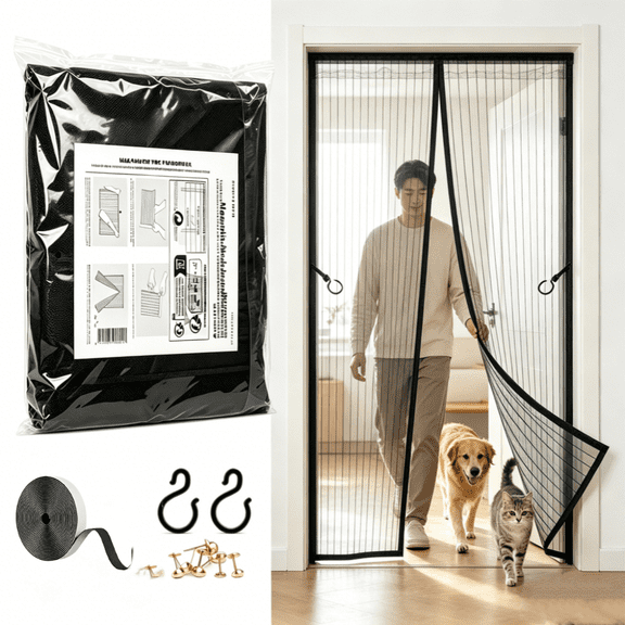 Lekou Magnetic Screen Door with Hook, Self Sealing, Heavy Duty, Hands Free Mesh Partition Keeps Bugs Out - Pet and Kid Friendly - 35 Inch x 82 Inch