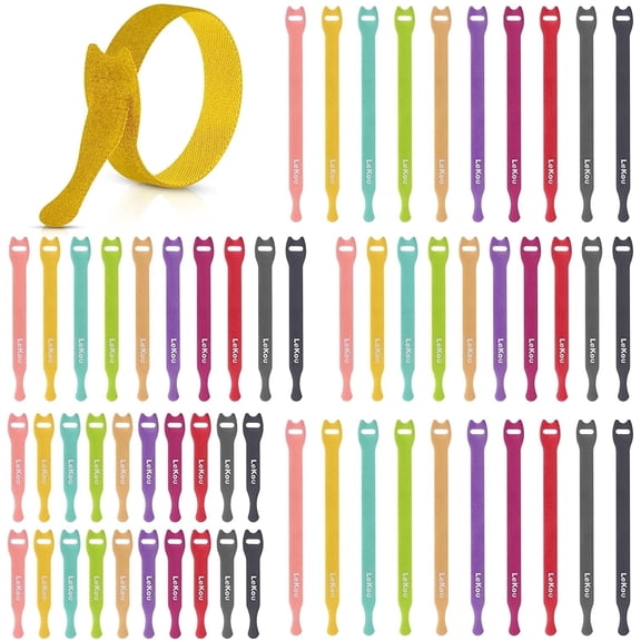 Lekou 60 Pack Nylon Mixed Size Hook and Loop Cable Ties, Reusable Cable Ties for Summer Home Office Outdoor Organizin