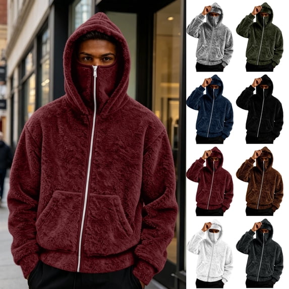 Lekwk Fleece Jacket Men Fuzzy Zip up Thermal Winter Hoodies with Face Mask Long Sleeve Oversized Warm Plush Outwear Wine M