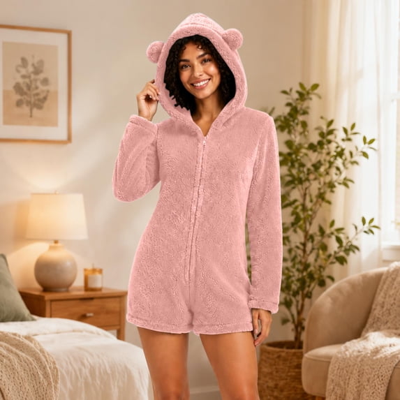 Lekwk Fleece Onesie Pajamas Women Winter Warm Plush Sleepwear Long Sleeve Hooded Romper With Bear Ears Zip Up Cozy Thermal Loungewear Size S-5XL Pink S