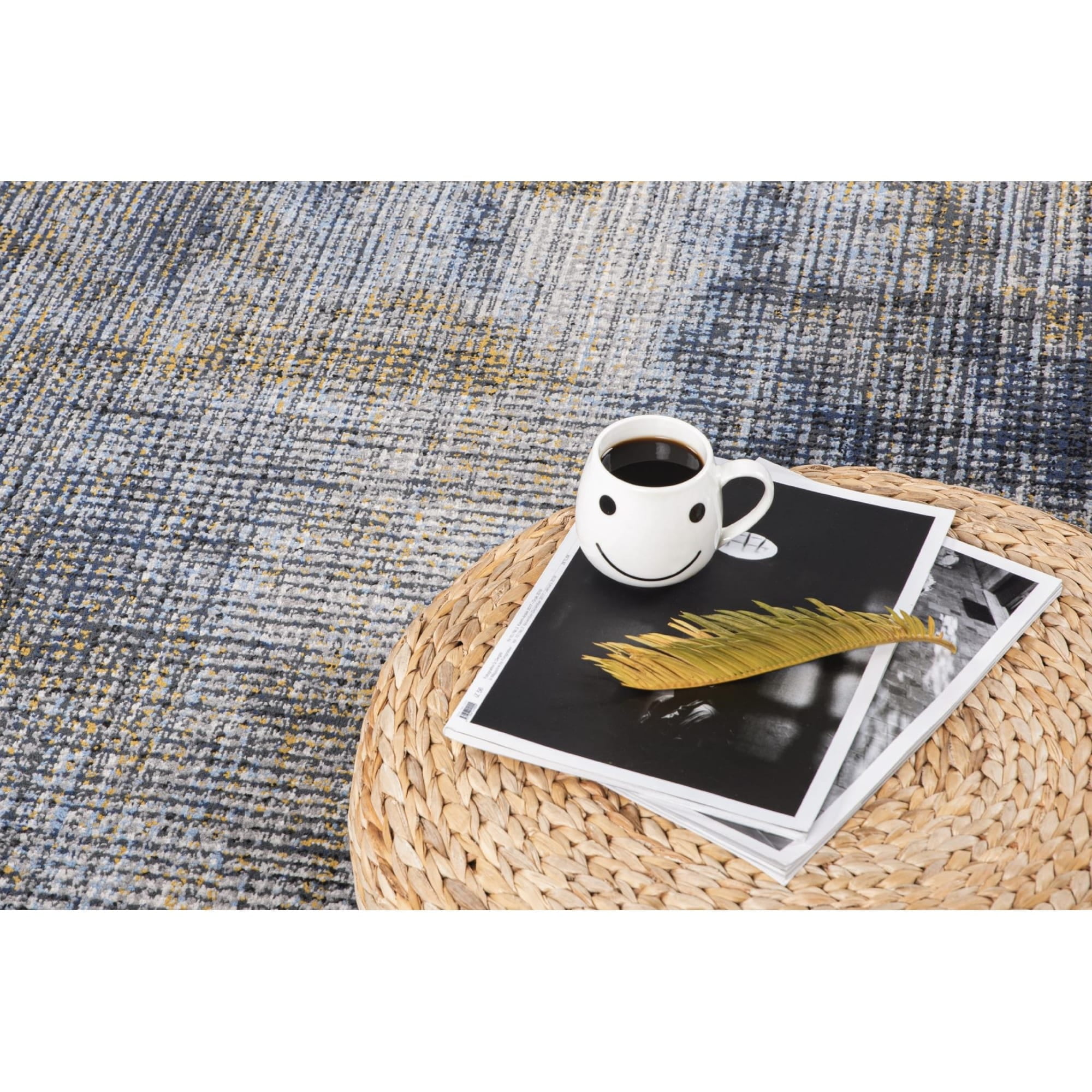 Lela Collection Gold and Blue Abstract Polyester Rug 5'2" x 7'5"
