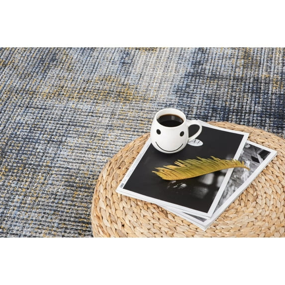 Lela Collection Abstract Polyester Rug 7'6" x 10'6" - Blue/Gold