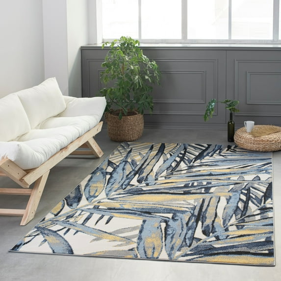 Lela Collection Blue, Grey, and Ivory Tropical Leaf Polyester Rug 5'2" x 7'5"