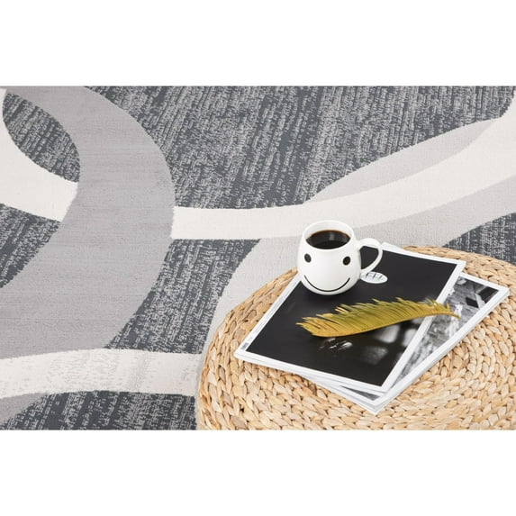 Lela Collection Charcoal, Grey, and Ivory Geometric Polyester Rug 5'2" x 7'5" - Grey/Ivory