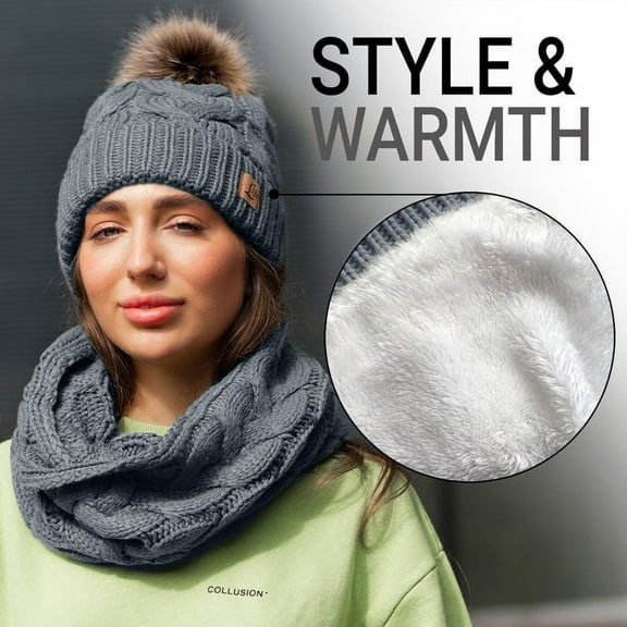 Lelaffet 2022 Women Beanie Hat and Scarf Gift Set Warm Knitted Pom Poms Hat Thick Winter Soft Chunky Cap Gray