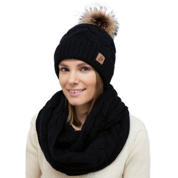Lelaffet Women Hat Scarf Set Pom Beanie Girls Cute Winter Ski Hat Slouchy Knit Cap with Fleece Lined Black
