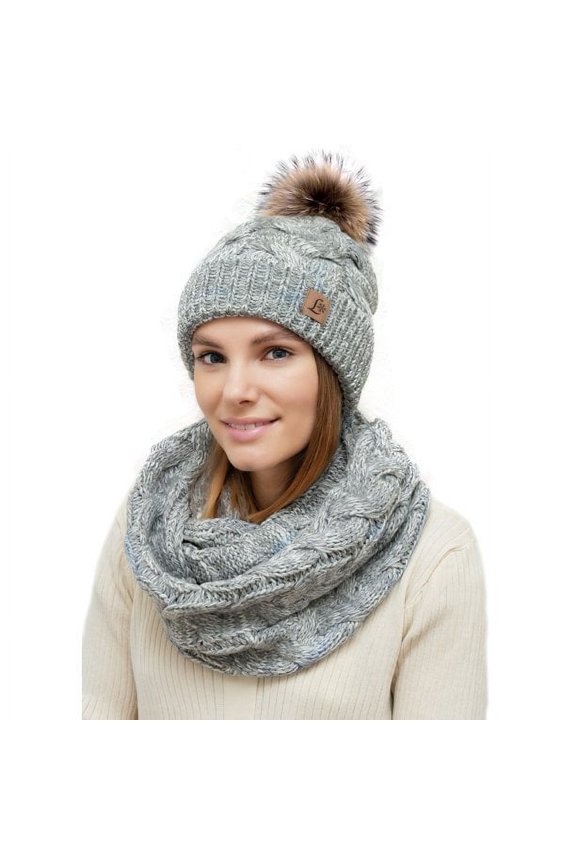 Women Hat Scarf Set Pom Beanie Girls Cute Winter Ski Hat Slouchy Knit Cap with Fleece Lined Gray-White