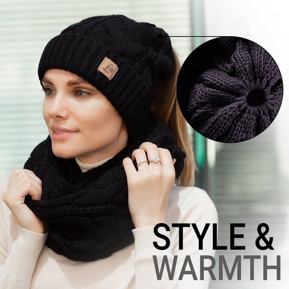 Lelaffet Women Hat and Scarf Set Beanietail High Bun Ponytail Stretchy Knit Beanie Skull Winter Cable Knitted Hat Black