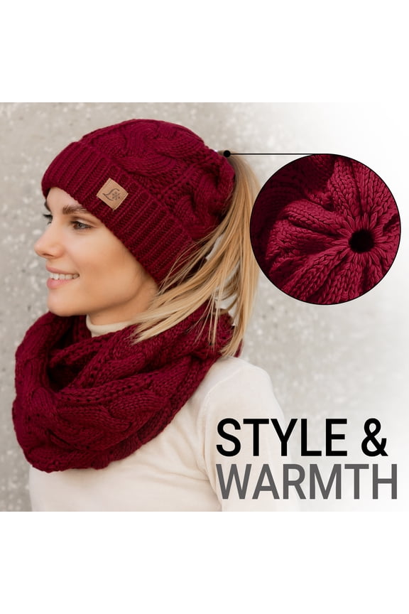 Women Hat and Scarf Set Beanietail High Bun Ponytail Stretchy Knit Beanie Skull Winter Cable Knitted Hat Burgundy