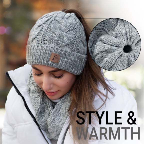 Lelaffet Women Hat and Scarf Set Beanietail High Bun Ponytail Stretchy Knit Beanie Skull Winter Cable Knitted Hat Gray-White