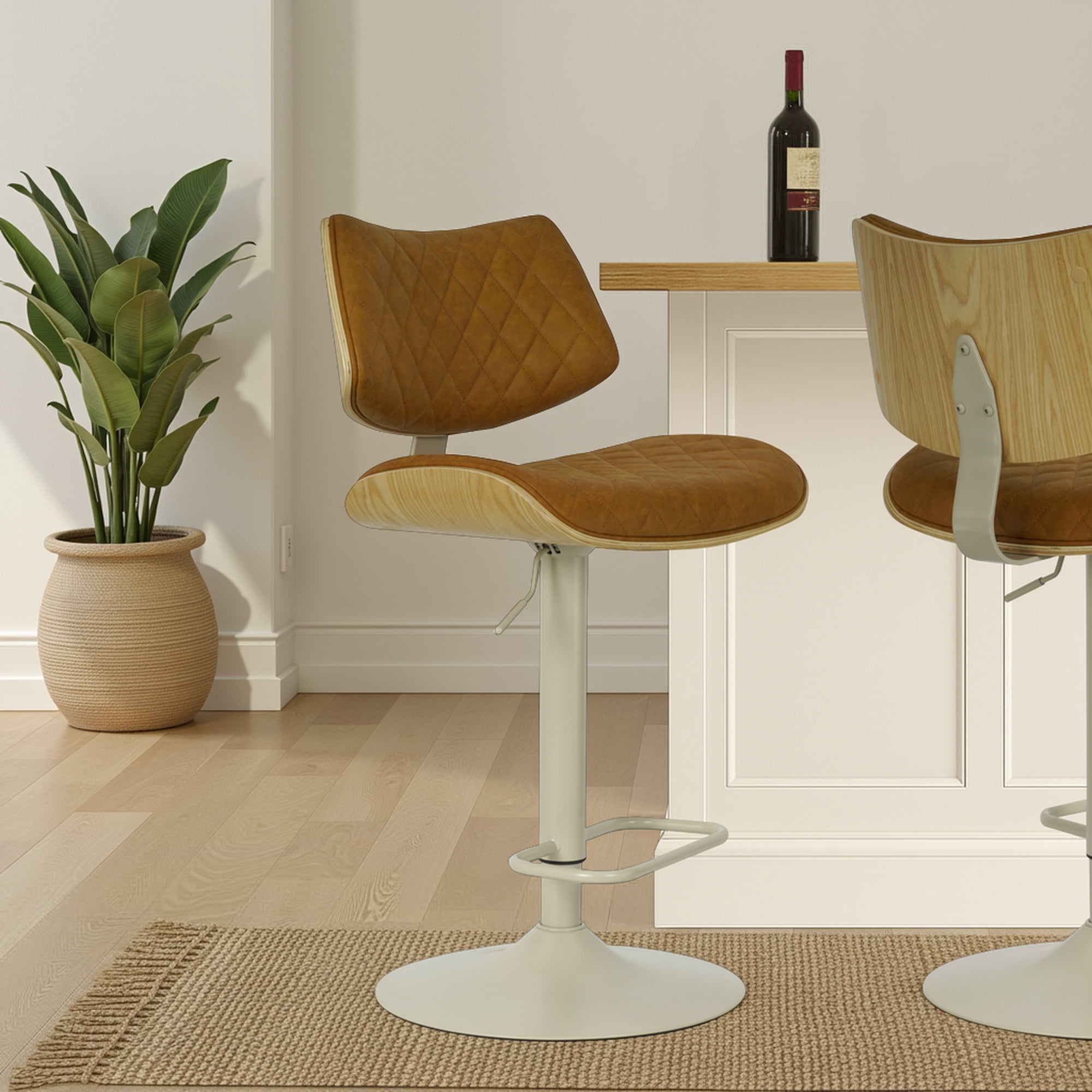 Leland Adjustable Swivel Camel Curved Back Wood Bar Stool with Faux Leather Seat Set of 4