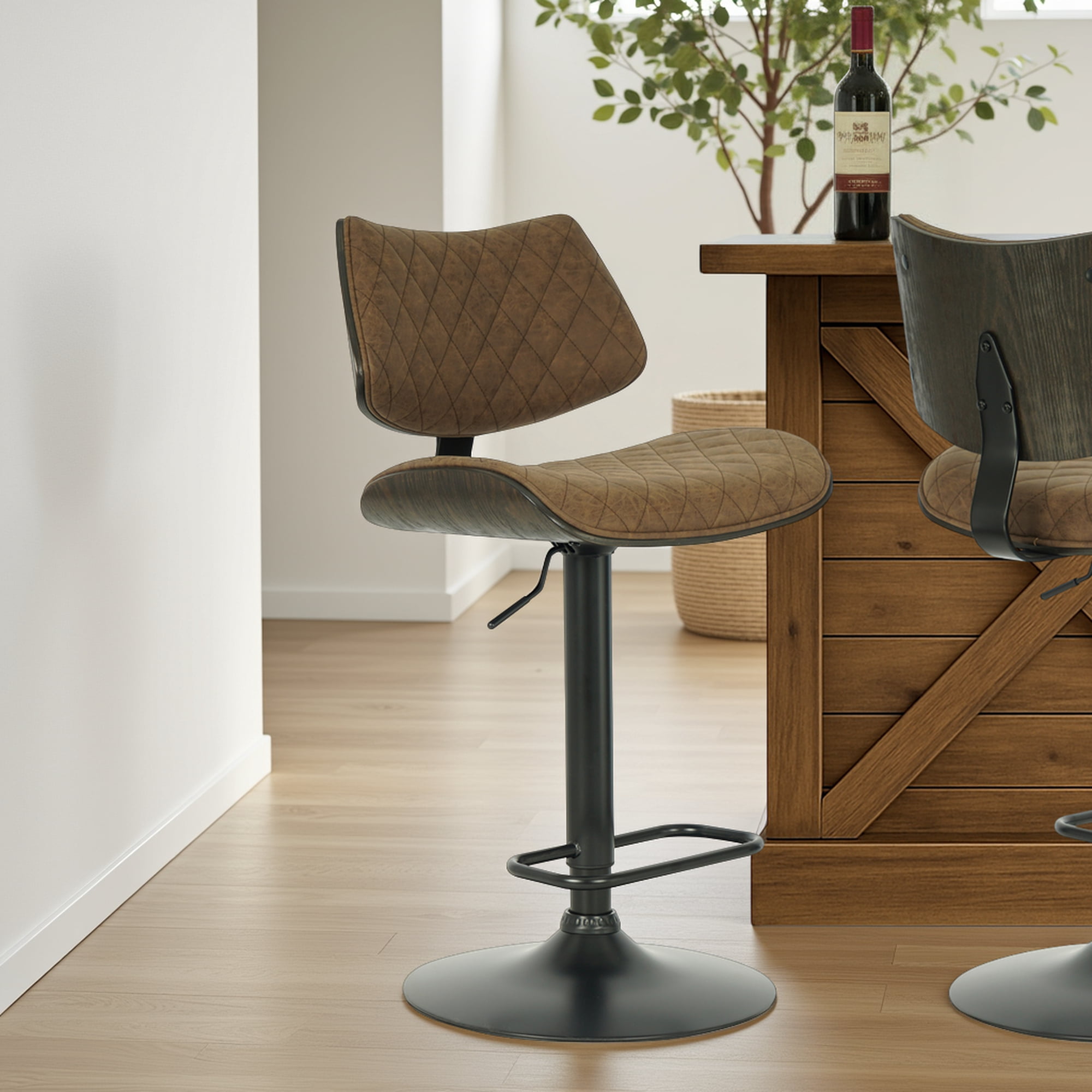 Leland Adjustable Swivel Vintage Dark Brown Curved Back Wood Bar Stool with Faux Leather Seat
