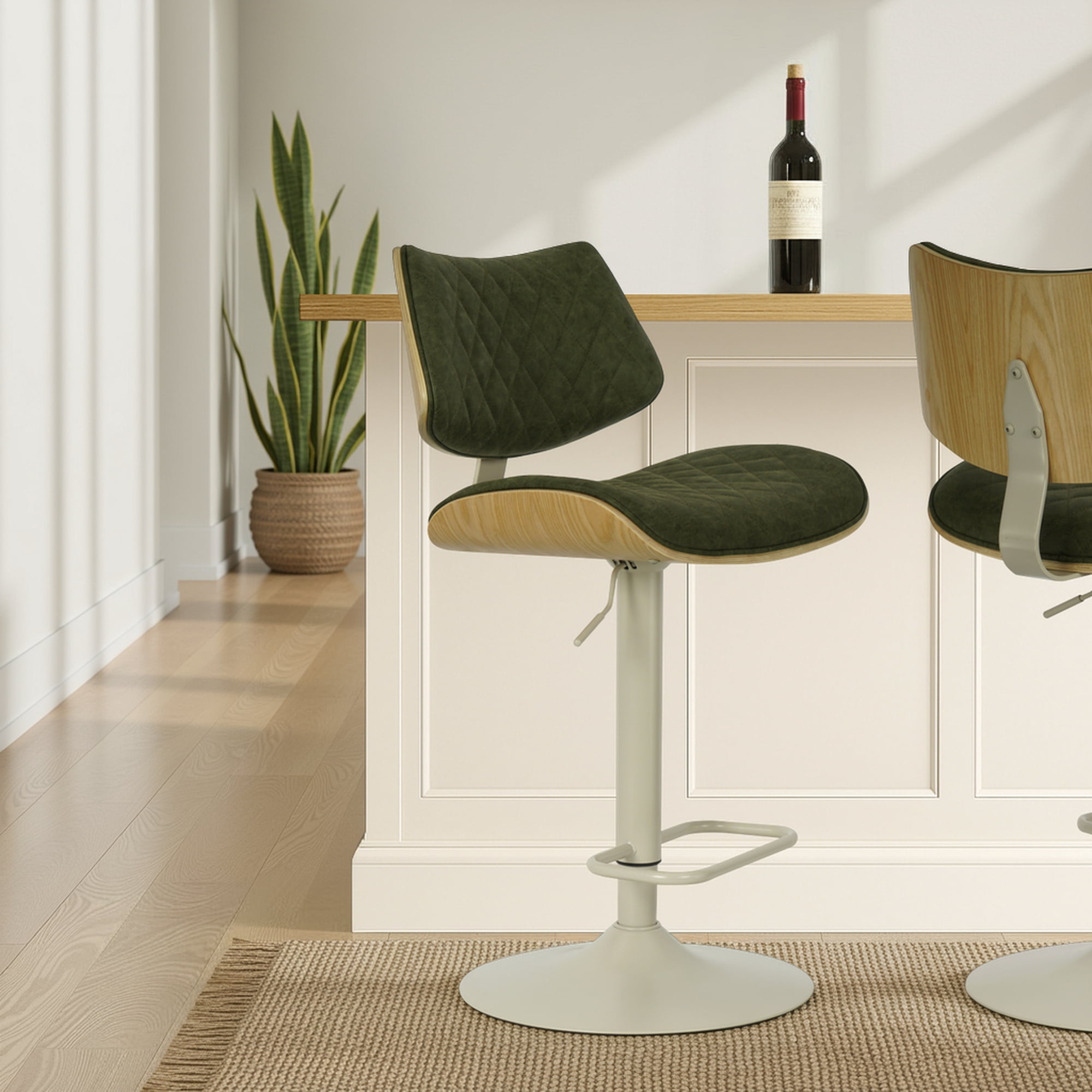 Leland Adjustable Swivel Vintage Green Curved Back Wood Bar Stool with Faux Leather Seat