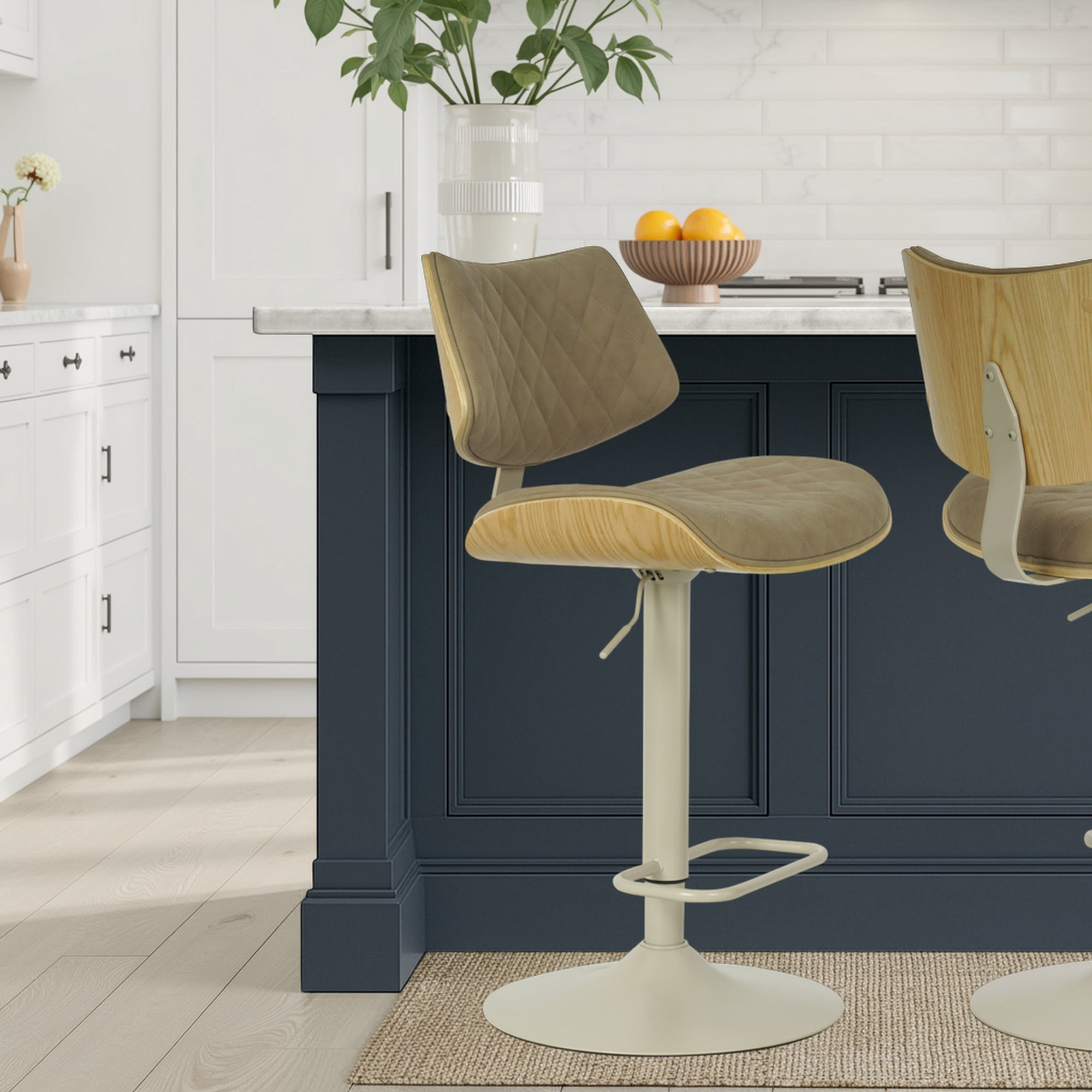 Leland Adjustable Swivel Vintage Taupe Curved Back Wood Bar Stool with Faux Leather Seat Set of 4