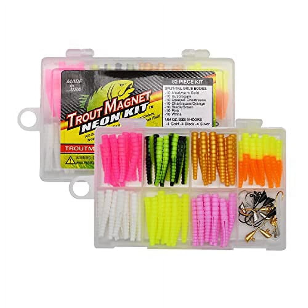 Leland's Lures Trout Magnet 82 Piece Neon Fishing Kit, Catches All Types of  Fish, Includes 70 Grub Bodies And 12 Size 8 Hooks 