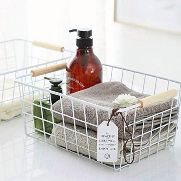 LeleCAT White Wire Baskets for Organizing with Handles Pantry Organizers and Storage For Kitchen Household Snack Basket for Cabinets Closets Bedrooms food Set of 4 White