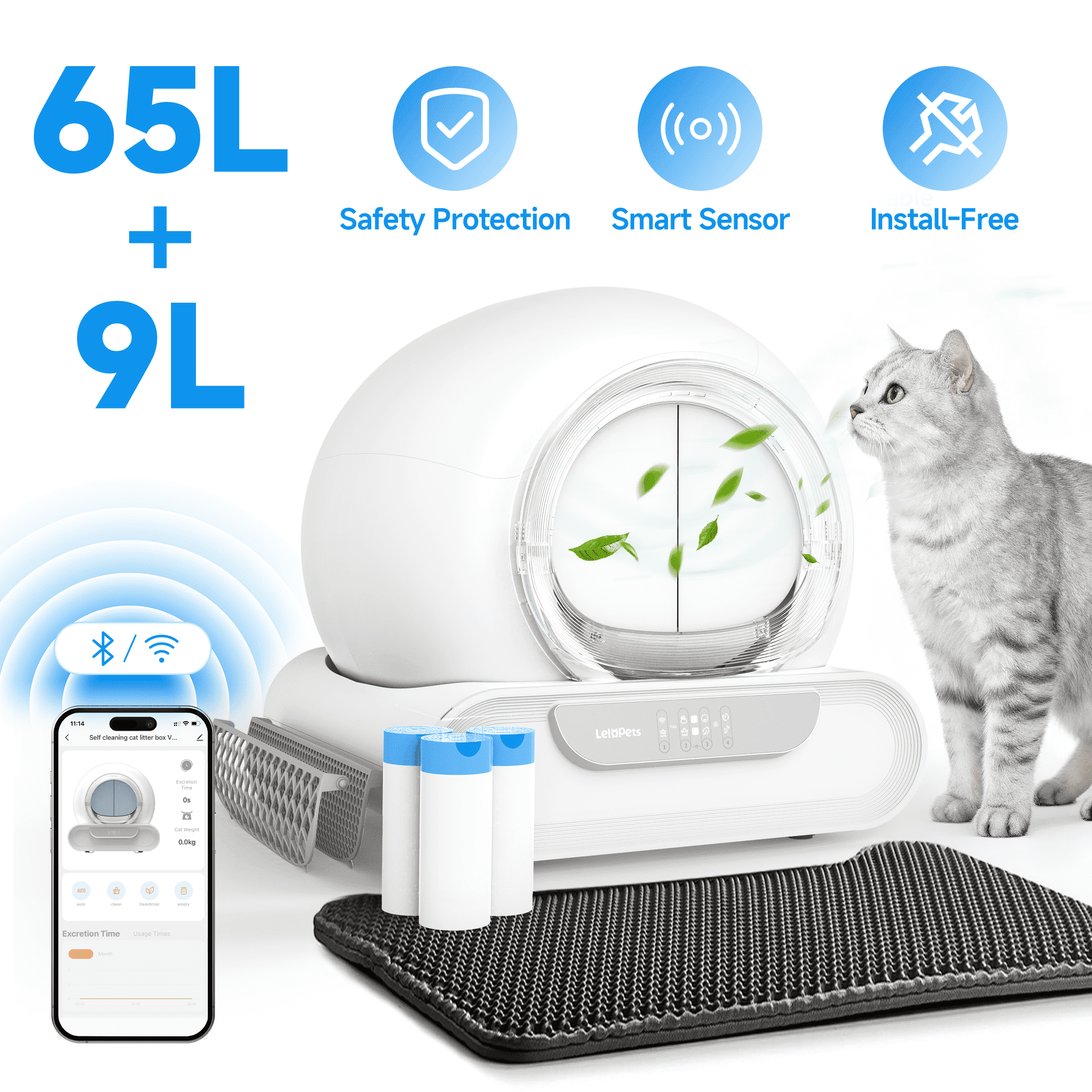 LeloPets D1 SelfCleaning Cat Litter Box, App Control, Auto Safety Sensors, Odor Control, LargeCapacity Covered, for Multiple Cats, White