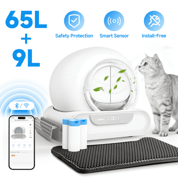 LeloPets D1 Self‑Cleaning Cat Litter Box, App Control, Auto Safety Sensors, Odor Control, Large‑Capacity Covered, for Multiple Cats, White