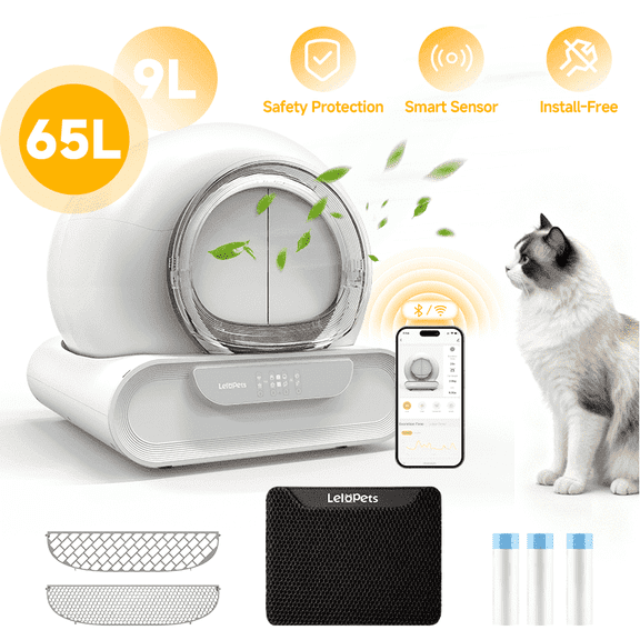 LeloPets D1 Self-Cleaning Litter Box, App Controlled, Automatic Safety Sensor, Large Capacity with Lid, Suitable for Multi-Cat Families, White