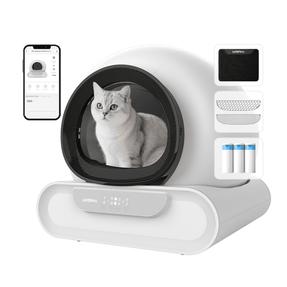 LeloPets D1 self-cleaning litter box, app controlled, automatic safety sensor, large capacity with lid, suitable for multi-cat households, black